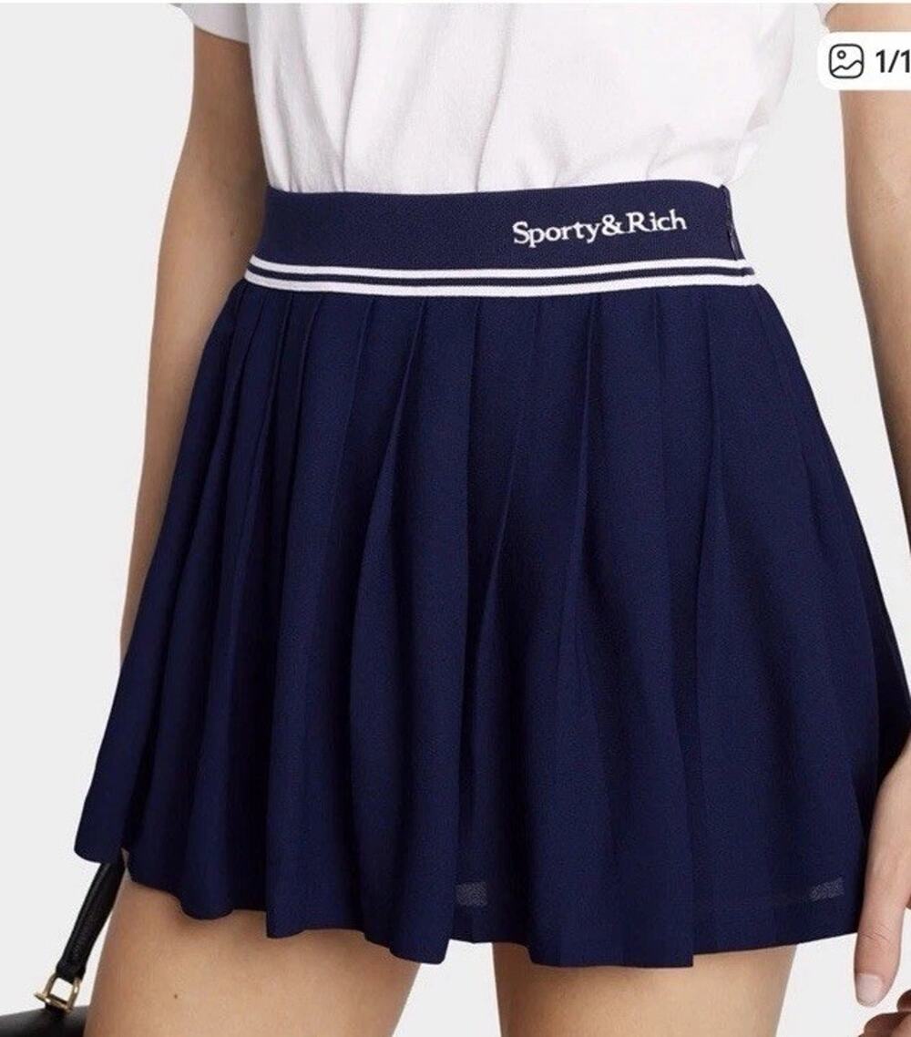 Sporty & Rich Classic Logo Pleated Skirt - Navy Blue Size L NEW $230